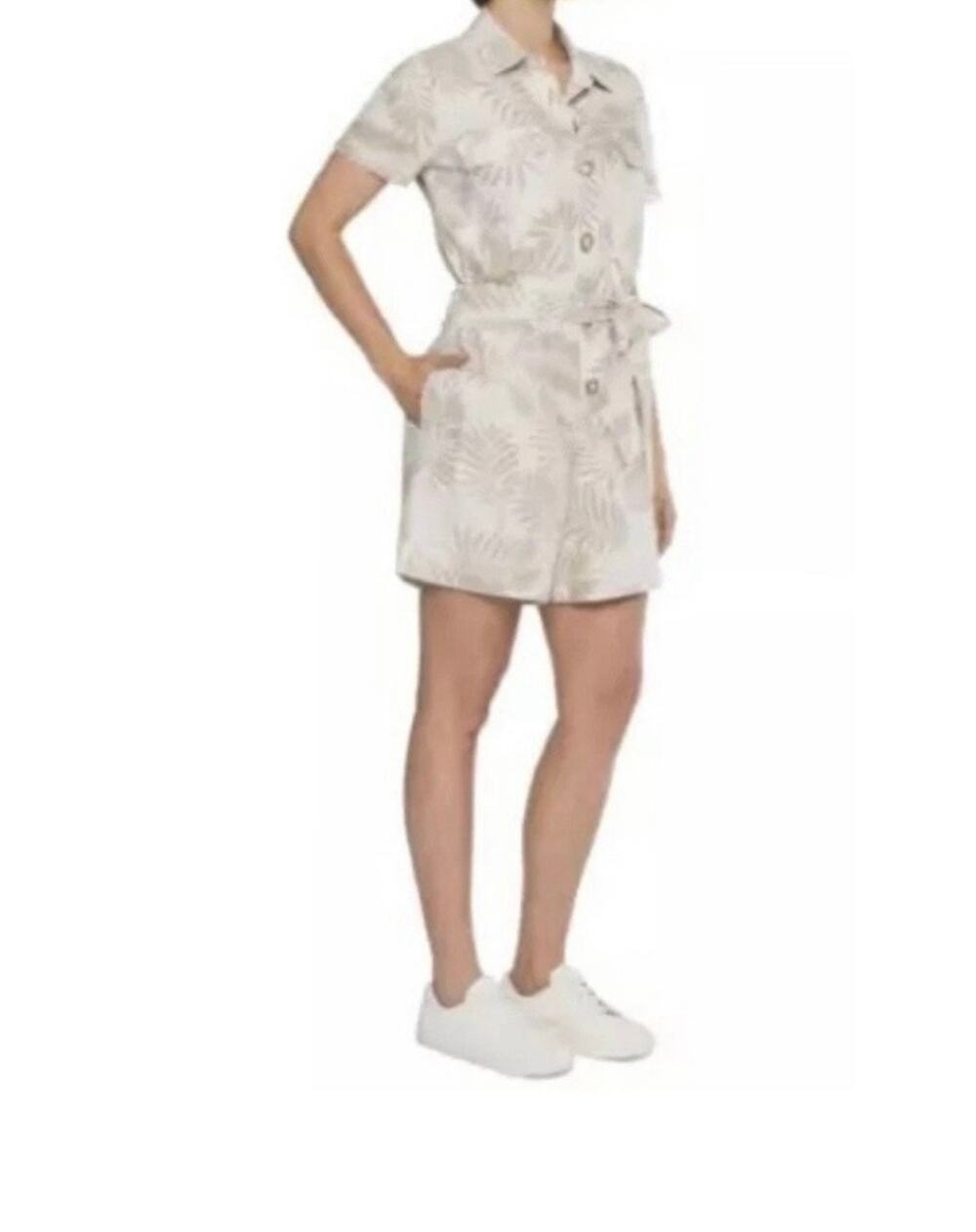 Matty M Linen Blend Button Front Romper Tan Tropical Palm Leaf Print Sz XXL